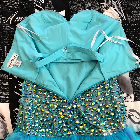 NEW SHERRI HILL SZ 4 BLUE PURPLE JEWEL TULLE STRAPLESS FORMAL EVENING GOWN - Picture 5 of 7